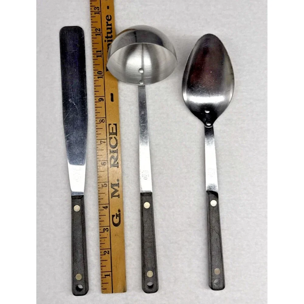 EKCO Stainless Steel Serving Set Black Handle Spoon Ladle Spreader 3 Pc Vintage